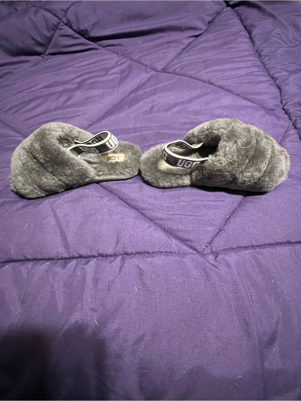 Girls UGG Gray Faux Fur Slide with Logo Strap